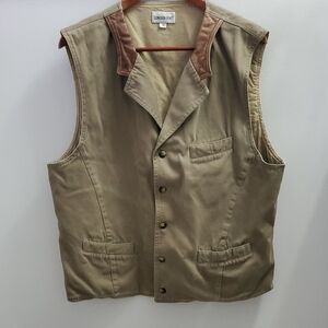 London Fog Twill & Quilted Vest Leather Trim Size Large Khaki Tan VTG